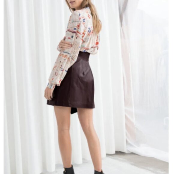 & Other Stories Brown Nappa Leather Wrap Mini Skirt with Belt - Picture 2 of 9